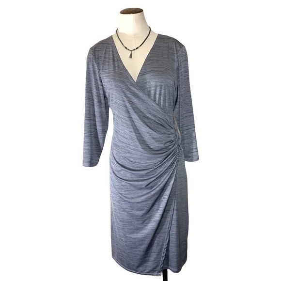 Notations Gray Midi Dress Size XL P Faux Rap Smocked Detail Deep V Neck - Picture 1 of 11